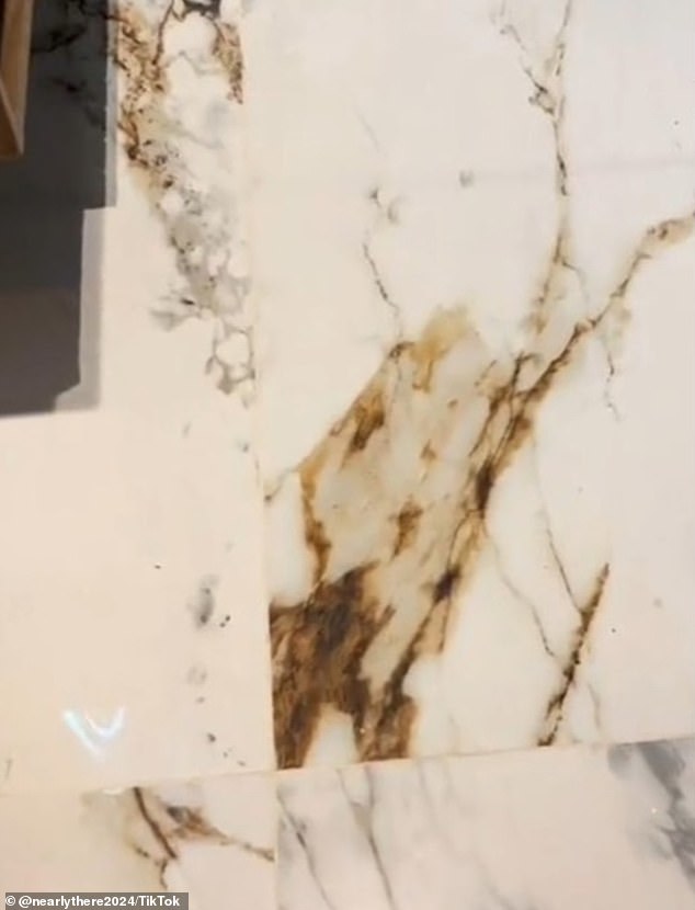 In a TikTok by NearlyThere (@nearlythere2024), the creator showed how the marble tiles on the bathroom floor and walls looked like stained feces from the toilet.