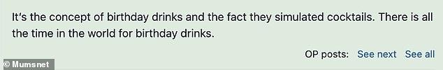 On the British parenting platform Mumsnet, the anonymous woman revealed that the drinks were 