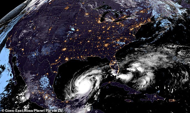 Hurricane Milton, currently a catastrophic Category 4 hurricane with 155 mph winds, continues to pound the Gulf of Mexico heading toward Florida, as shown on the GOES-East satellite at 10:09 GMT on October 8, 2024.