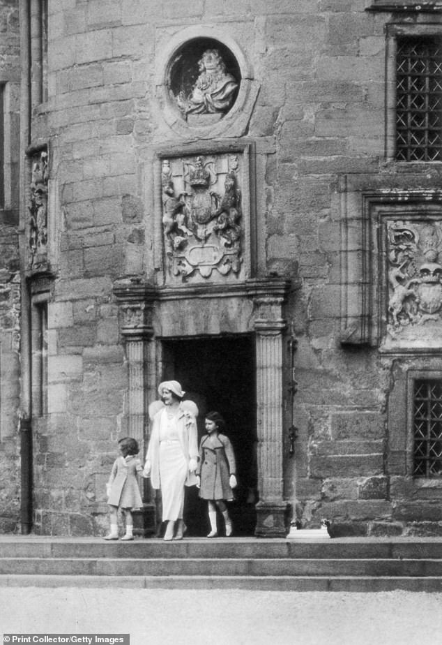 Queen Elizabeth photographed with Princesses Elizabeth and Margaret Rose, Glamis Castle, Scotland, 1937.