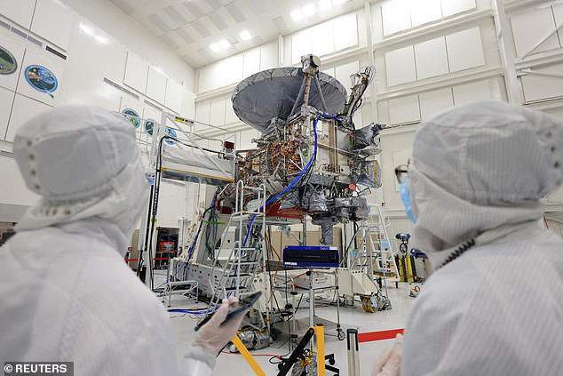 Clipper is as big as an SUV with solar panels long enough to span a basketball court. Here it is seen being built and tested at the Jet Propulsion Laboratory during a press tour, in Pasadena, California, on April 11, 2024.