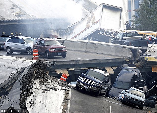 The worst bridge disaster in the United States in recent years was the collapse of the I-35W bridge in downtown Minneapolis in 2007. More than 100 vehicles plunged into the Mississippi River and 13 people died.