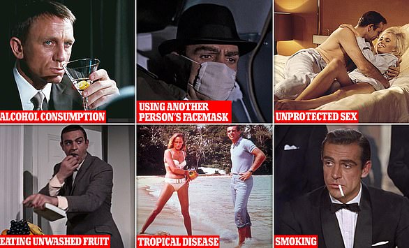 Bond's health risks in films made by Eon Productions include drinking alcohol (as seen here in 'Casino Royale'), wearing someone else's mask ('You Only Live Twice'), casual sex, which runs the risk of contracting STDs ('Goldfinger'), eating unwashed fruit (