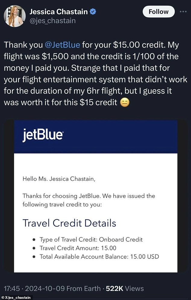 He has since removed the update after receiving criticism from fans. The post read: 'Thank you @JetBlue for your $15.00 credit. My flight cost $1,500 and the credit is 1/100 of the money'