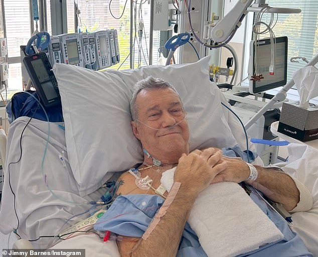 He previously underwent open heart surgery (pictured in hospital) to fend off a staph infection, which then returned and attacked his hip, leading to the latest shock surgery and a six-week recovery.