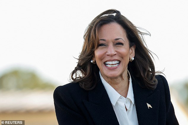 Vice President Kamala Harris reacts upon departure at Pitt-Greenville Airport in Greenville, North Carolina