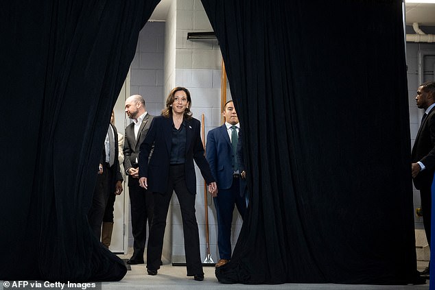 United States Vice President Kamala Harris arrives to speak to her supporters during the election campaign.