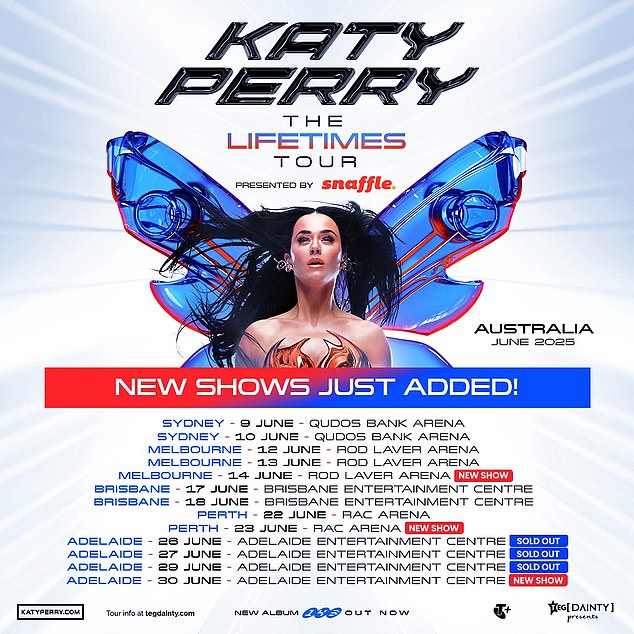 Sharing an updated image of her Down Under tour poster on Instagram, the singer revealed that three new shows have been added to the itinerary, with Perth, Adelaide and Melbourne being the lucky cities to get an extra dose of the Teenage Dream star.