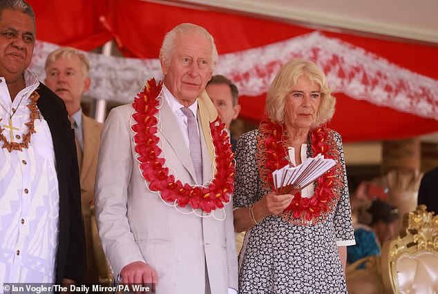 King Charles III and Queen Camilla during a farewell ceremony at Siumu Village on the final day of the royal visit to Australia and Samoa.