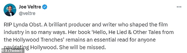 Obst was fondly remembered for her contributions to the entertainment industry by several of her peers as news of her passing spread.