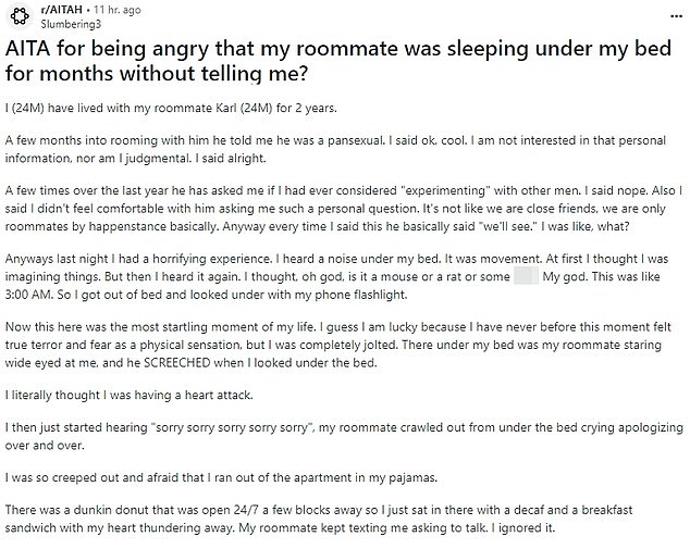 Man discovered his roommate was sleeping under his bed for