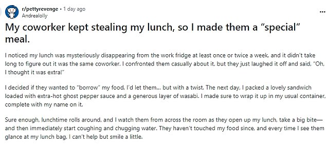 The anonymous man took to Reddit to describe the revenge he took against his co-worker.