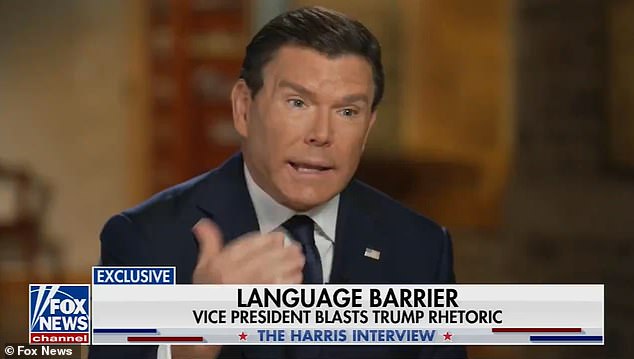 Democratic presidential hopeful Harris spoke to Fox News' Bret Baier (pictured) last night in her first interview with the network.