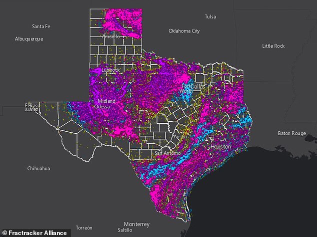 Scientists have attributed the recent series of earthquakes in Texas to hydraulic fracturing and have determined that increased seismic activity could be causing the geysers to erupt. Pictured: Hydraulic fracturing and injection well locations in Texas.