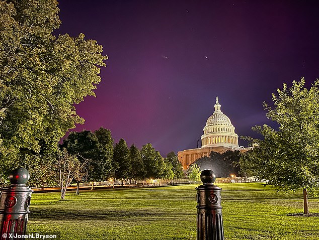 An X user captured the Northern Lights in front of the Capitol building in Washington DC