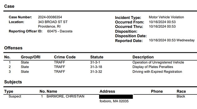 A partially redacted incident report provided to DailyMail.com reveals that Barmore was stopped for a traffic violation around 1am on Wednesday.