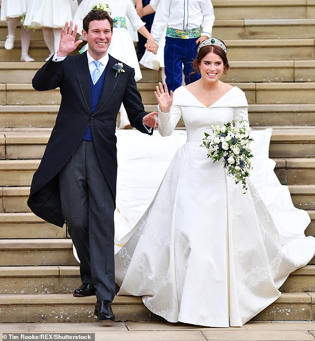 Princess Eugenie and Jack Brooksbank on the steps leading to St George's Chapel, Windsor, on their wedding day, October 12, 2018.