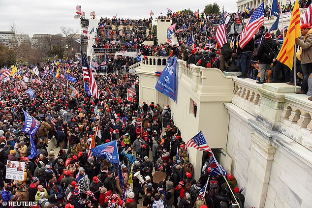 Discussion of potential post-election conflict comes after hundreds of Trump supporters stormed the US Capitol on January 6, 2021 (pictured).