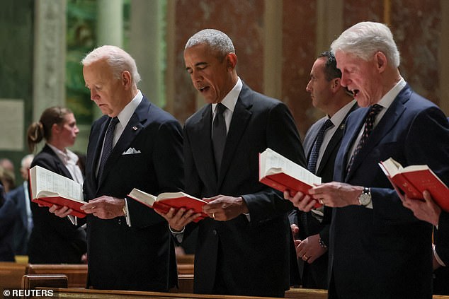 Biden, Obama and Clinton sing during Ethel Kennedy's funeral on Wednesday