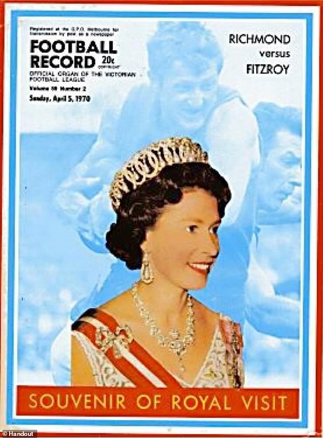 The Football Record cover featured the Queen attending a 1970 VFL match between Richmond and Fitzroy at the MCG, accompanied by the then Prince Charles.