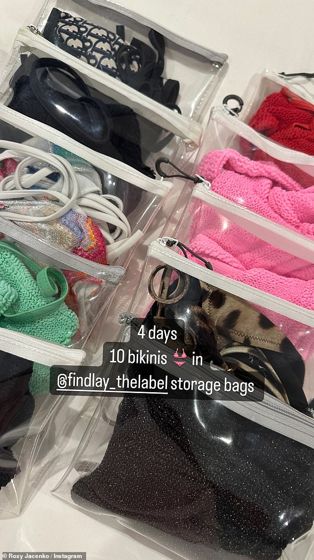 The public relations expert, 44, posted a photo on Instagram that captured 10 sets of skimpy swimsuits packed in her luggage.