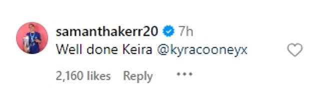 Sam Kerr posted on the Matildas official website 'well done Keira' after commentator Teo Pellizzeri mispronounced Kyra Cooney-Cross' name when calling the match.