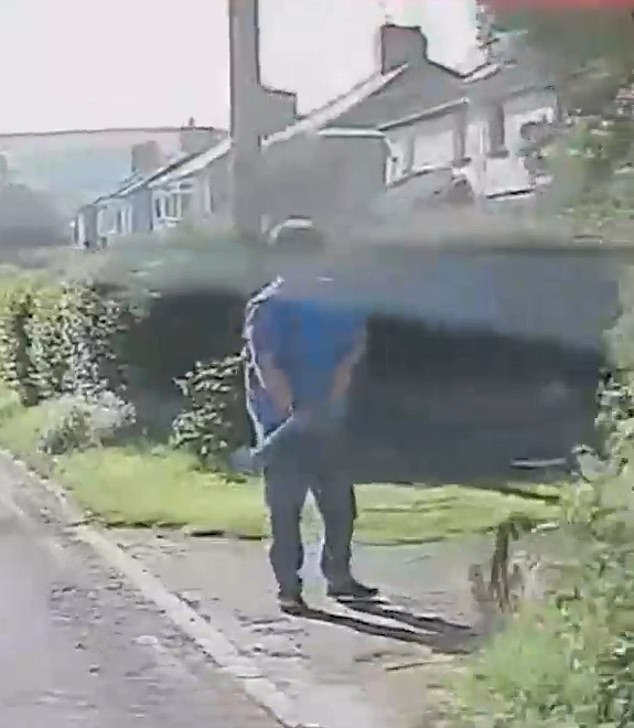 In the images you can see the woman, 59, holding the gardening tool with both hands before hitting her victim again.