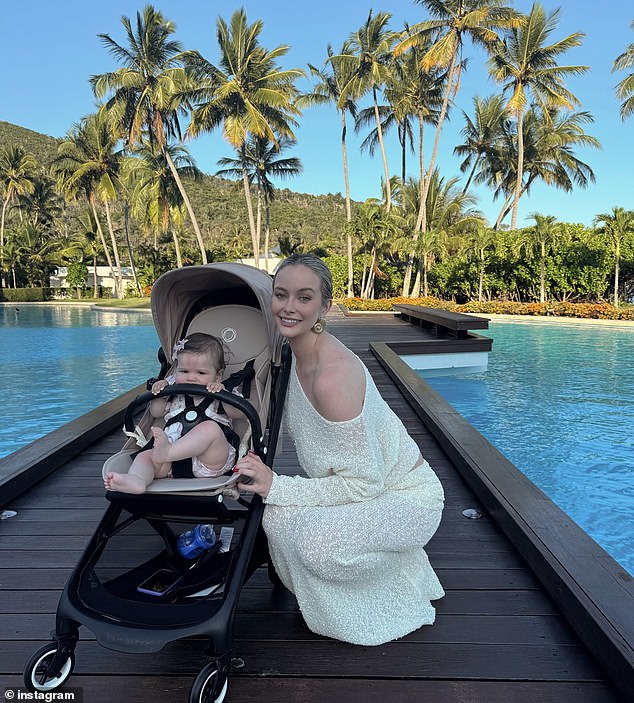 The Australian model, 31, attended a baby shower with her seven-month-old daughter Gia on Saturday. Both in the photo