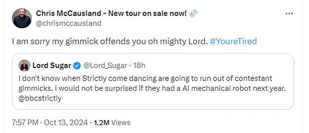 Chris responded to Lord Sugar's original tweet which said: 