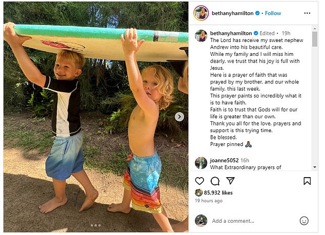 Surfing legend Bethany Hamilton breaks silence after nephew 3 dies