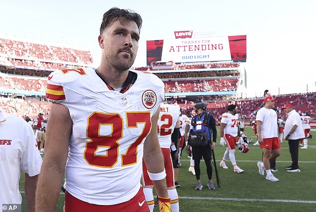 Kansas City Chiefs tight end Travis Kelce (87) walks off the field after an NFL football game against the San Francisco 49ers in Santa Clara, California, on October 20.