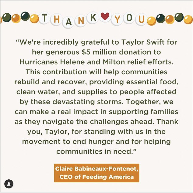 Feeding America announced earlier this week that the pop star, 34, had donated millions of dollars to the organization so it could 