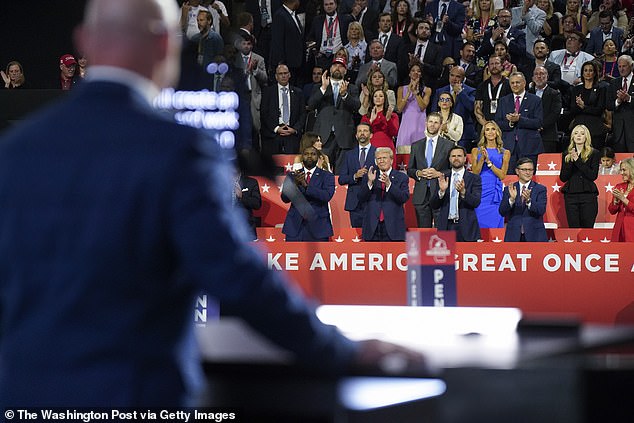 Former President Donald Trump watches as Sean O'Brien, the president of the International Brotherhood of Teamsters, speaks at the RNC in July.