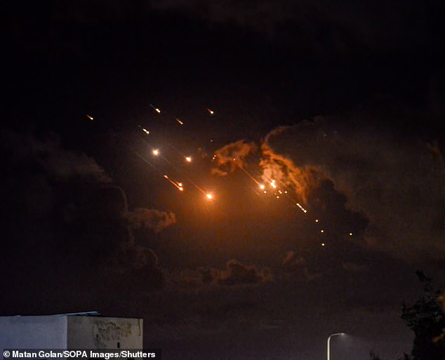 Ballistic missiles in the sky over Israel after being launched by Iran last night