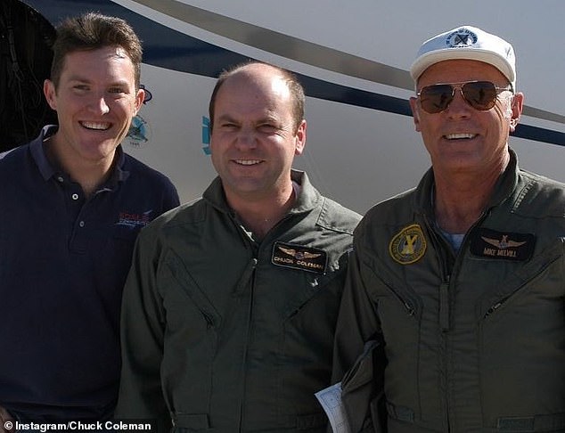 Coleman (center) was the aerobatic flight instructor in the 2022 film Top Gun: Maverick, even having trained one of the lead actors, Miles Teller. Coleman had to make more than 100 flights to prepare the actors for flight in the US Navy's F-18 Hornets for the blockbuster.