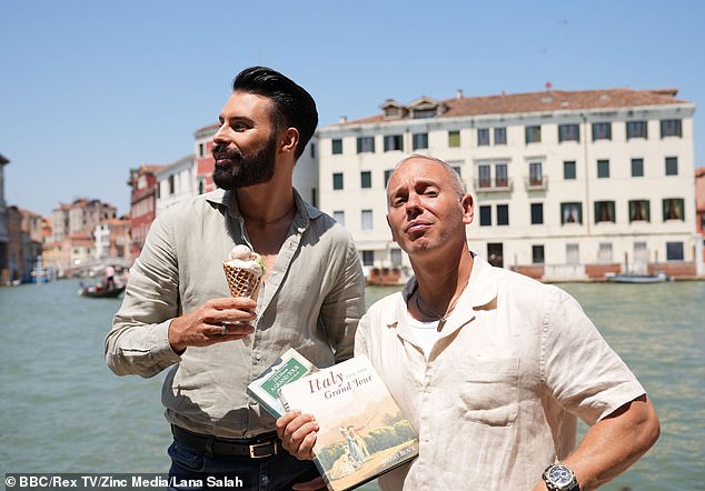 Presenter Rylan Clark (left) and criminal lawyer Rob Rinder (right) in Venice while filming Rob and Rylan's Grand Tour.