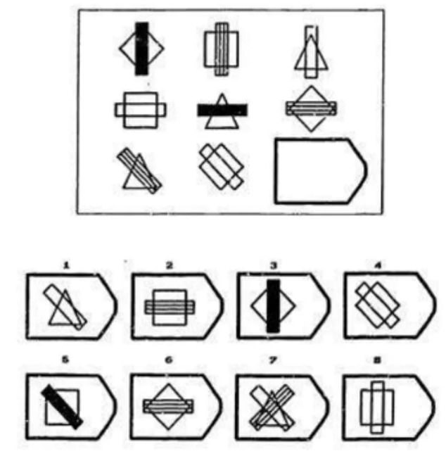 Can you determine which image, from the selection of eight, should be next in a series of shapes in the box?