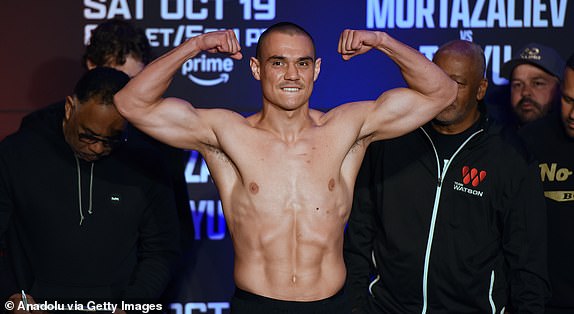 ORLANDO, FLORIDA, UNITED STATES - OCTOBER 18: Tim Tszyu poses during the weigh-in ceremony ahead of his fight against Bakhram Murtazaliev on Saturday night, at the Caribe Royal Hotel on October 18, 2024 in Orlando, Florida. (Photo by Paul Hennessy/Anadolu via Getty Images)