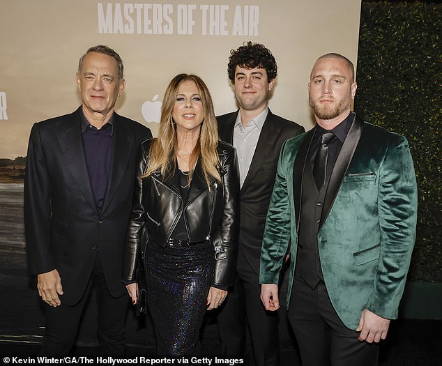 The grandparents of three are proud parents to son Chet Hanks (R, pictured Jan. 10), 34, who celebrated three years of sobriety on Sept. 16, and son Truman Hanks (2-R) , 28 years old. , whose last job was as a movie loader on Amazon Prime Video's Fallout series.