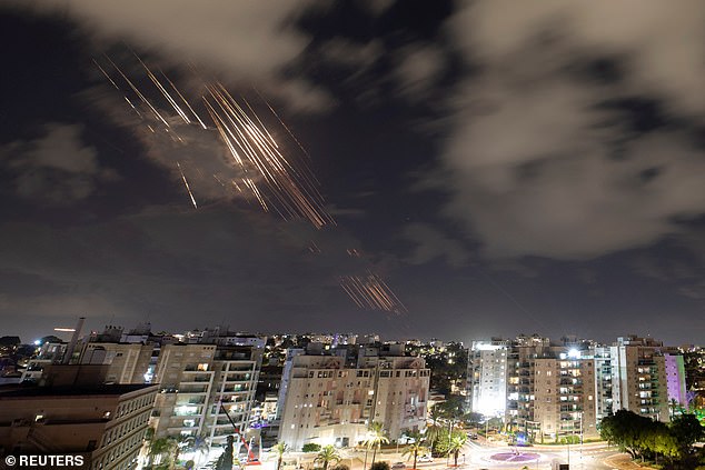 Israel's Iron Dome anti-missile system intercepts rockets, seen from Ashkelon, Israel