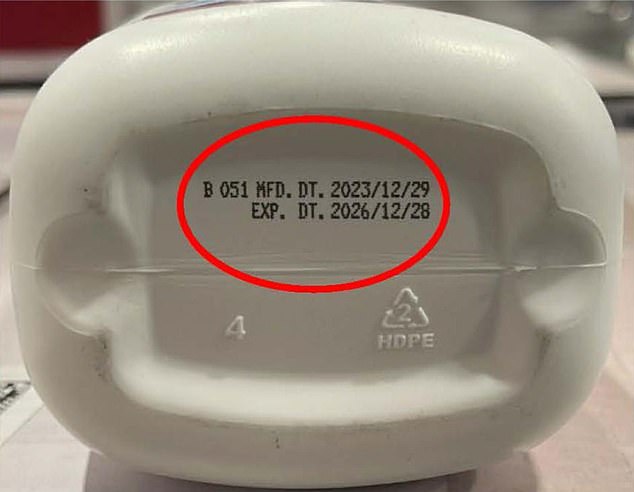 The recalled bottles have their lot and lot number printed on the bottom, as shown above.