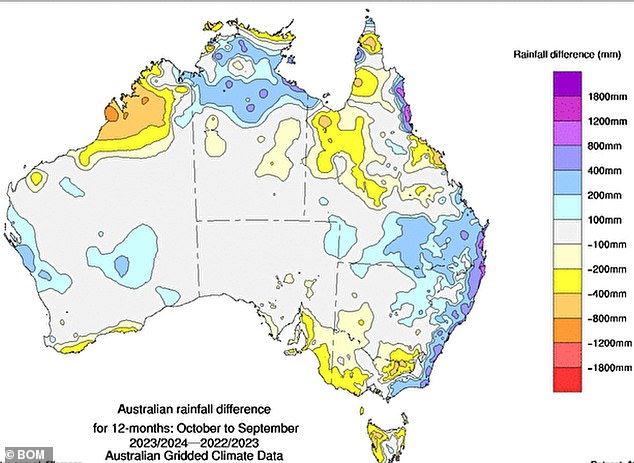 Forecasters predict Australia will experience a wet summer. This map shows that there has already been significantly more precipitation on the East Coast this year compared to last year.