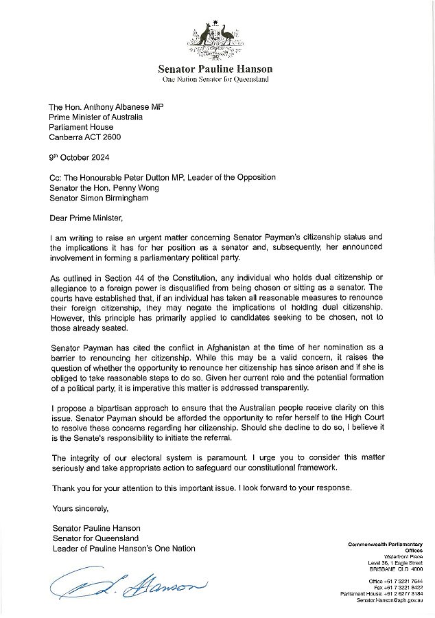 Pictured: The letter One Nation leader Pauline Hanson wrote to Anthony Albanese on Wednesday.