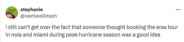 Fans have been chatting on X/Twitter about the fact that the Eras Tour is coming to Miami next week, with some wondering why it was scheduled in Florida during hurricane season.