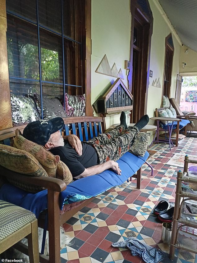 In another image, Meldrum is bearded and lying on a padded backside on the terrace with a thin hand on his chest for what appears to be a daytime nap.