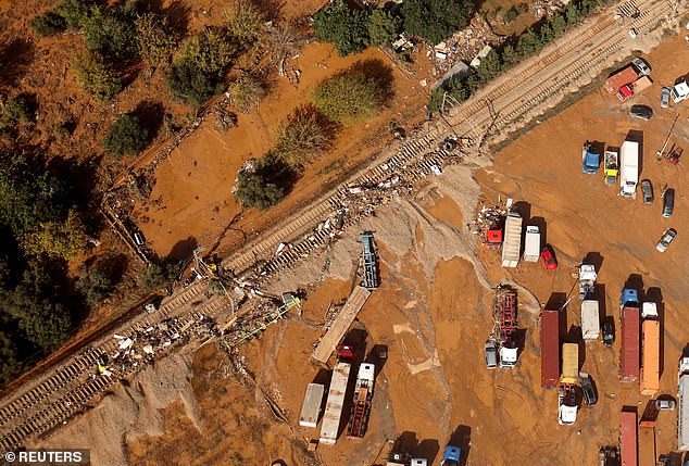 Aerial photo shows an area affected by heavy rains that caused flooding near Valencia