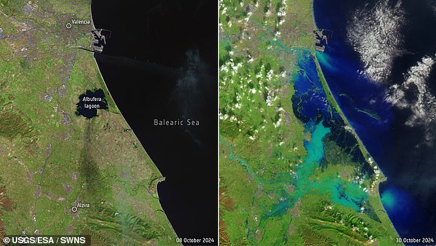 These images from the US Landsat-8 satellite vividly illustrate the magnitude of the disaster, with images from October 8 and 30 showing the dramatic transformation of the landscape.