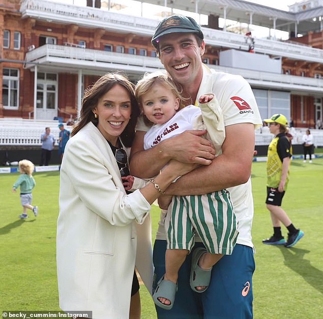 Becky and Pat (pictured with Albie during last year's Ashes series in England) are expecting their second child in February.