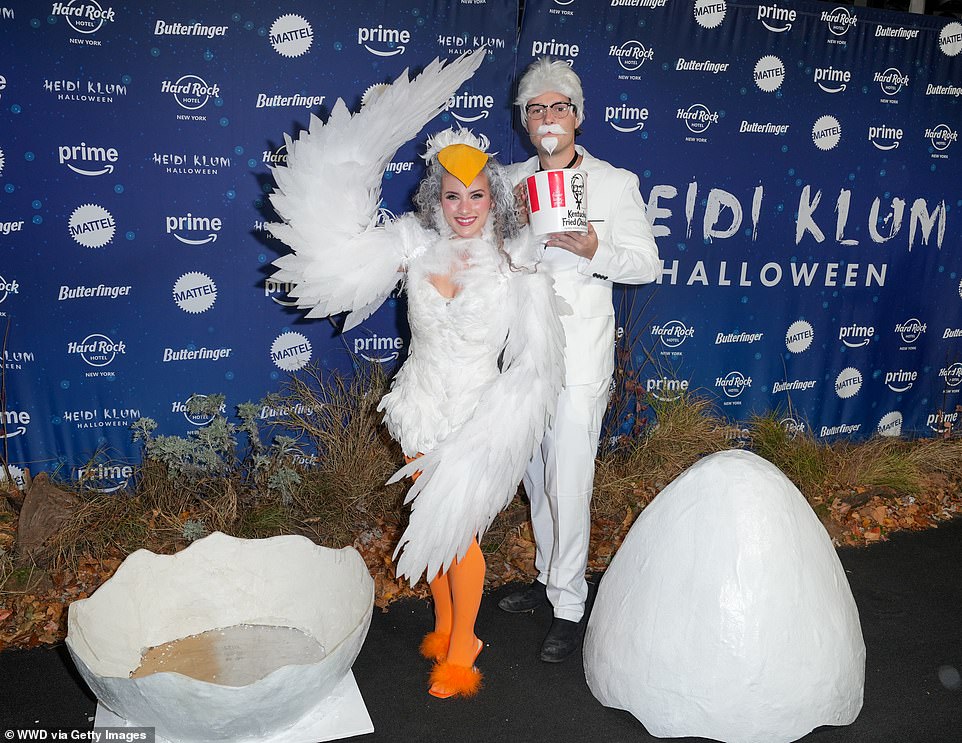 The contortionist was decked out in white feathers like a chick hatching from an egg, while the social media personality dressed up as Colonel Sanders, the founder of KFC.