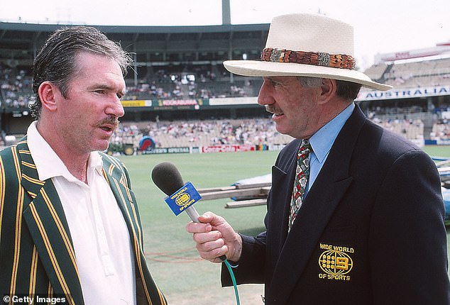 Chappell (pictured interviewing Allan Border) began working as a commentator for Channel Nine's cricket coverage in the 1980-81 season and became an icon.